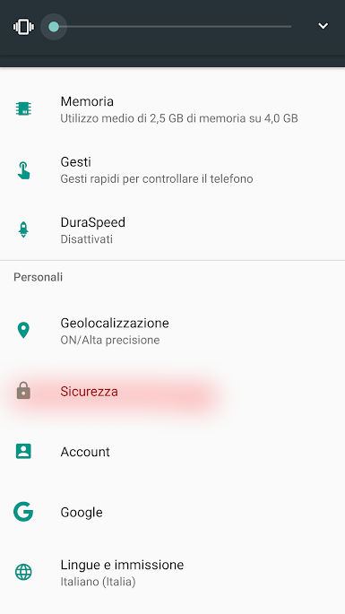 Impostazioni, Sicurezza